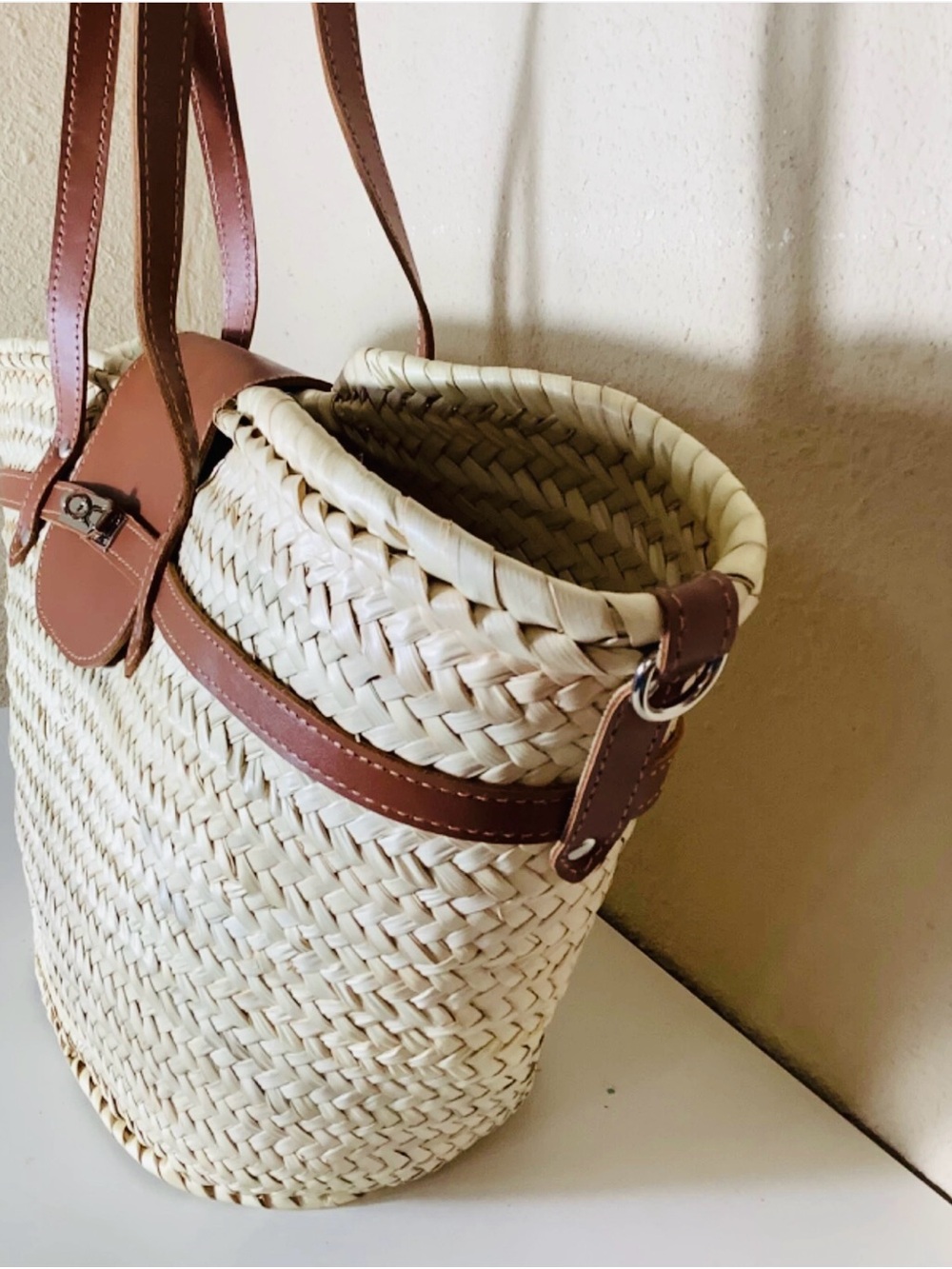 Moroccan Handmade straw french baskets with removable leather straps -Size Large - Picture 3 of 13